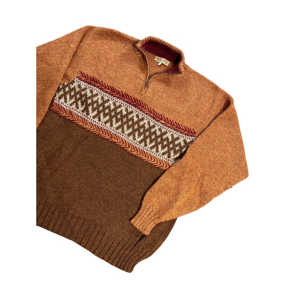 Waliki Mens Alpaca Wool Pullover Sweater L Brown Orange Patterned Half-Zip Holes